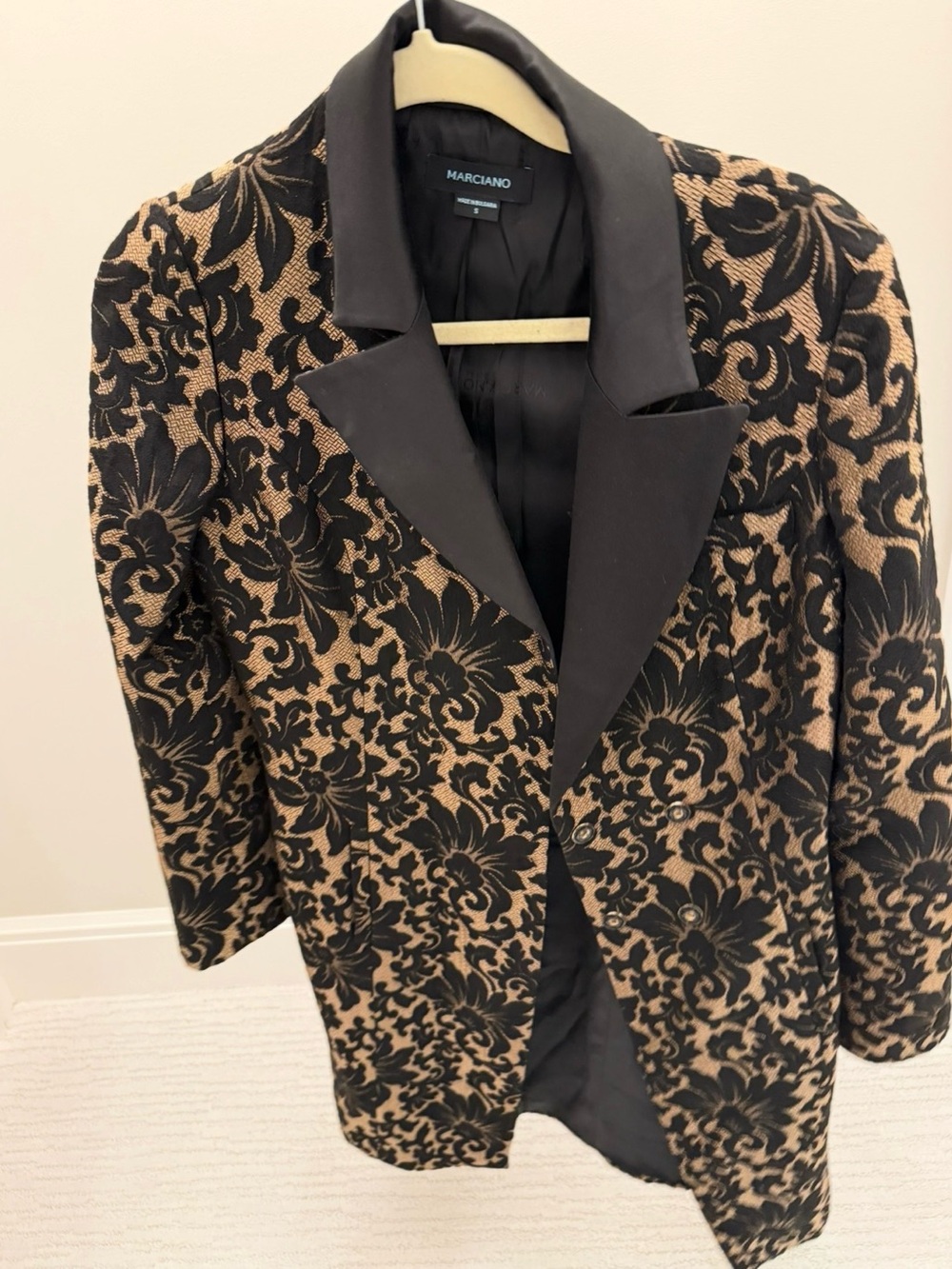 Marciano Black and Tan Floral Jacquard Blazer with Satin Lapel